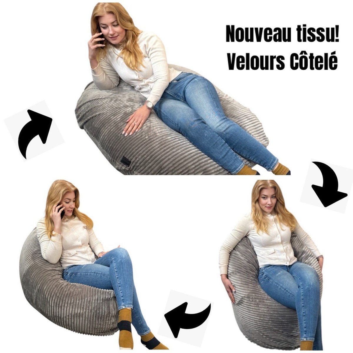 Beanbag Adulte Ovale Multipositions, Large VELOURS CÔTELÉ style CA117V-Beanbag Montréal