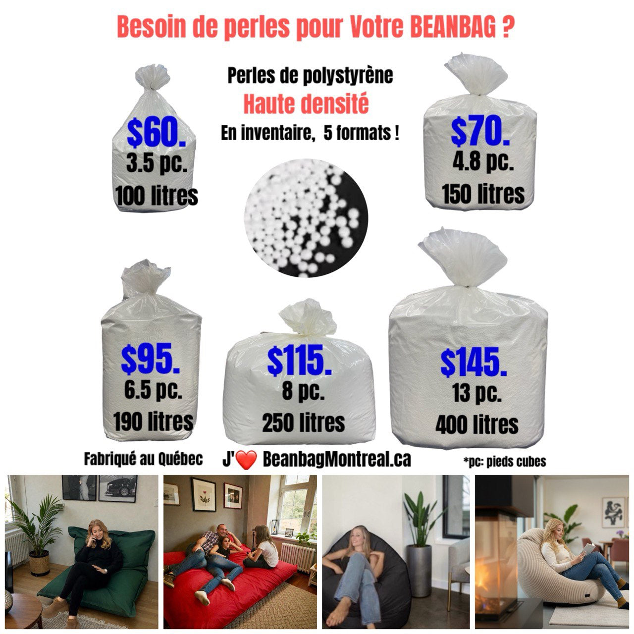 100 Litre / 3.5 Cubic Foot Bean Bag Refill - Beanbag Montreal