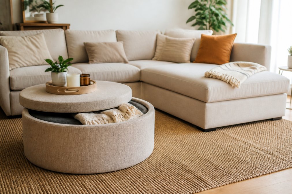Aménagement salon avec pouf multifonctionnel