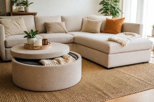 Aménagement salon avec pouf multifonctionnel