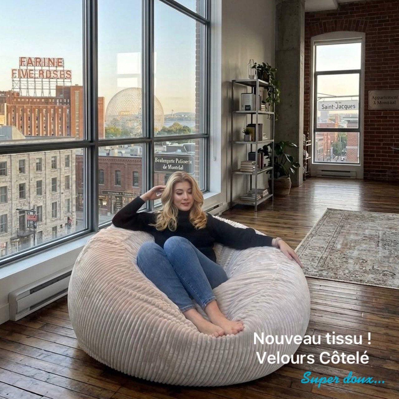 Pouf Géant style ca#156 -Beanbag Montréal  Nouveau tissu VELOURS CÔTELÉ