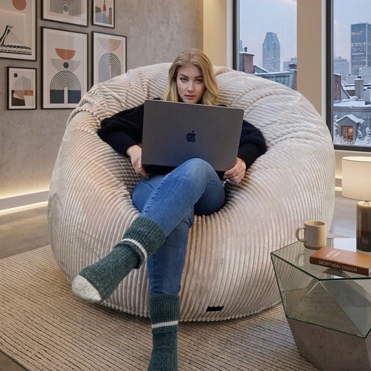 Pouf Géant style ca#156 -Beanbag Montréal  Nouveau tissu VELOURS CÔTELÉ