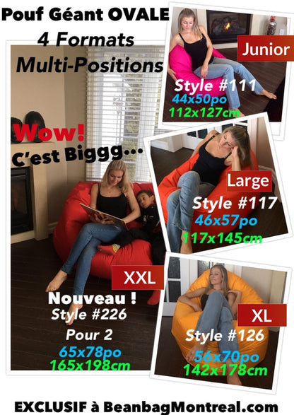 1 outer cover and 1 empty inner cover, FILLING NOT INCLUDED* Adult Oval Beanbag, Large Multi-position style CA117H-Beanbag Montreal