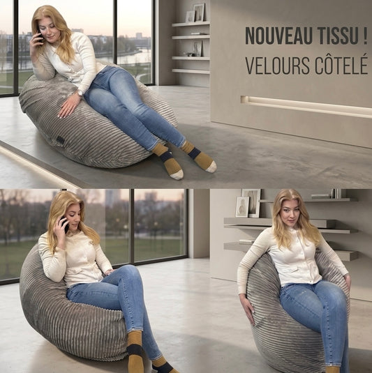 Beanbag Adulte Ovale Multipositions, Large VELOURS CÔTELÉ style CA117V-Beanbag Montréal